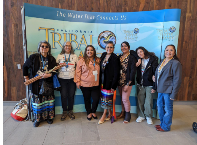 Left to Right Chairwoman Louise Ramirez, Esselen Nation; Catherine Buchanan, Elk Valley R.; Chairwoman Quirina Geary, Tamien Nation; Anecita Augustinez, Tribal Policy Advisor DWR; Nikcole Whipple SCS/TMC and Nadia Round Valley R., Ruthie Maloney NCNP - TMC 